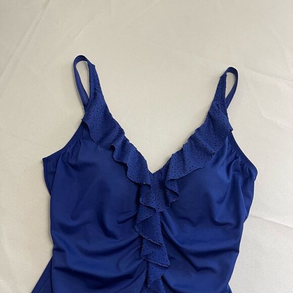 Janzten Blue Ruffle One Piece Bathing Suit Swimsuit Size 10 - Picture 2 of 7